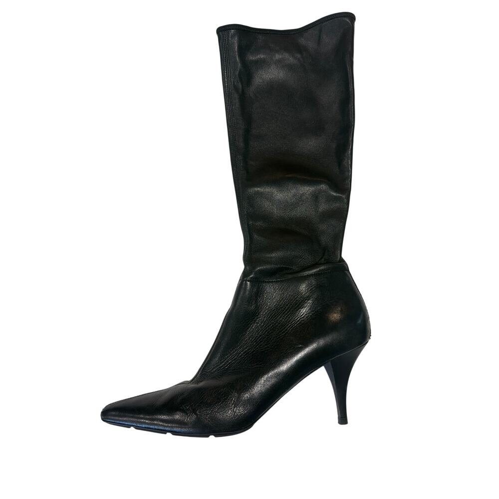 Vintage PRADA Sz 40 Black Leather Knee High Boots Pointed Toe Mid Stiletto Y2K